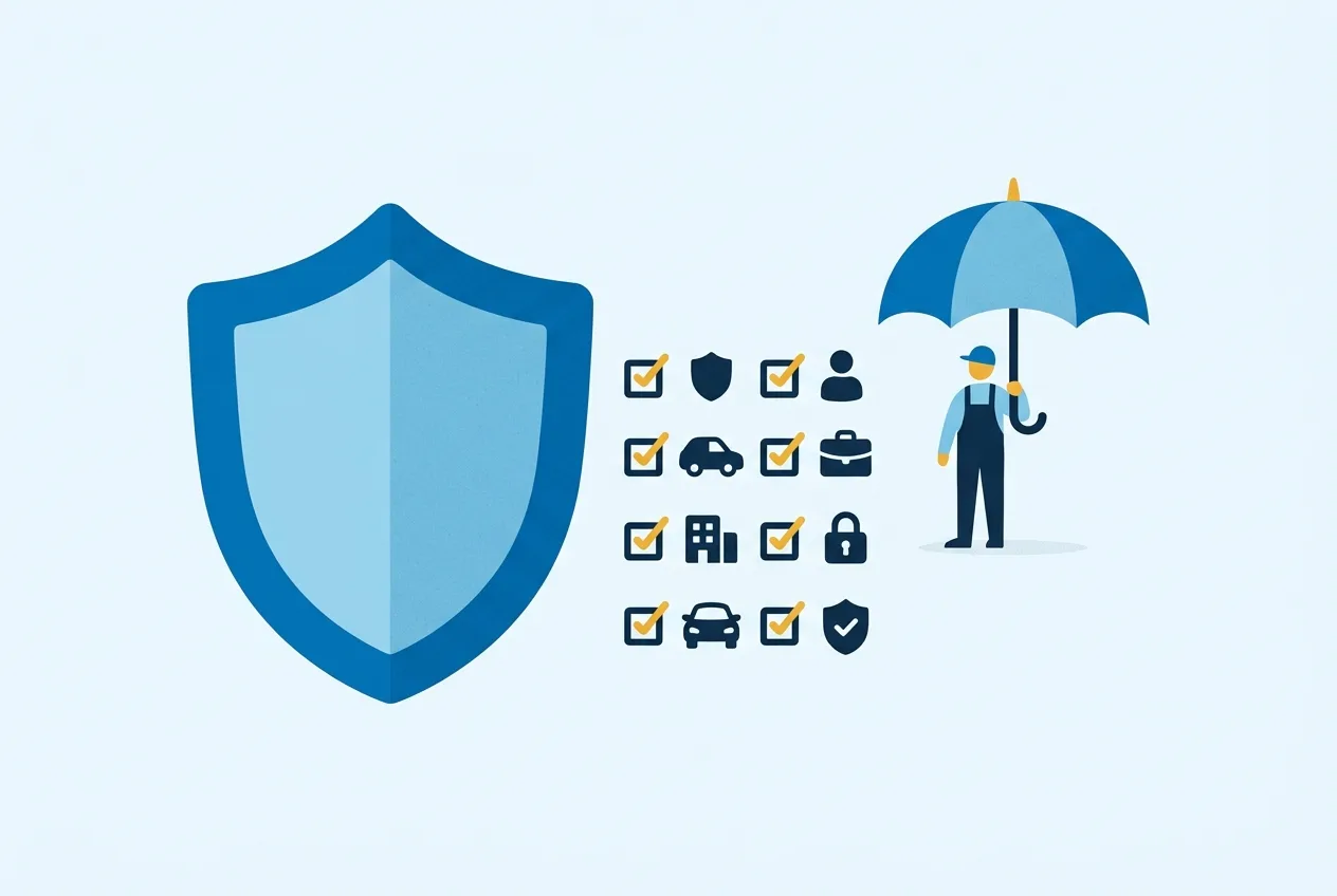 Illustration: Schutzschild mit Checkliste als Symbol für den Leistungsumfang
