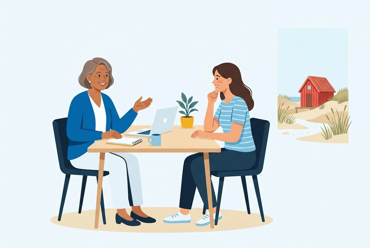 Illustration: Beratungsgespräch zwischen Kundin und Versicherungsberater