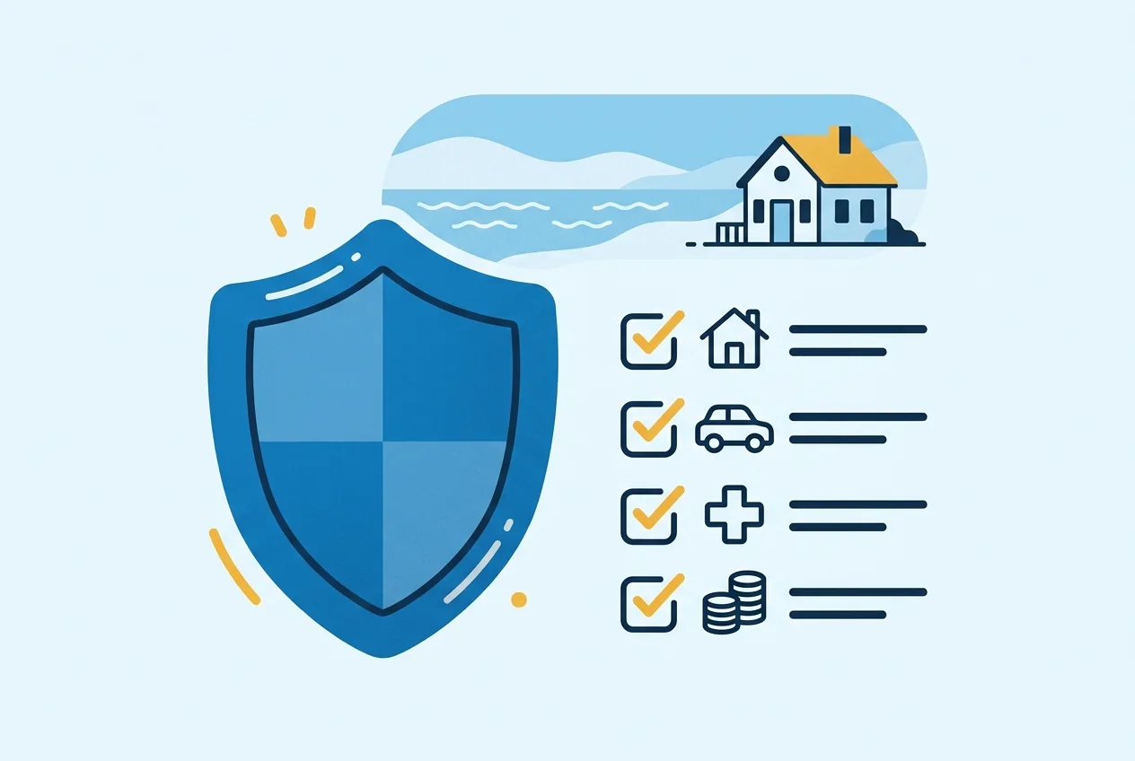 Illustration: Schutzschild mit Checkliste als Symbol für den Leistungsumfang