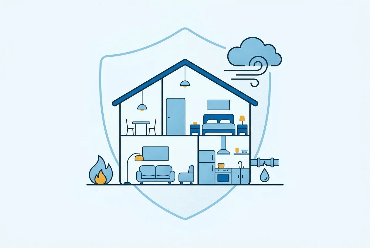Illustration eines Hauses im Querschnitt mit den versicherten Gefahren Feuer, Leitungswasser und Sturm