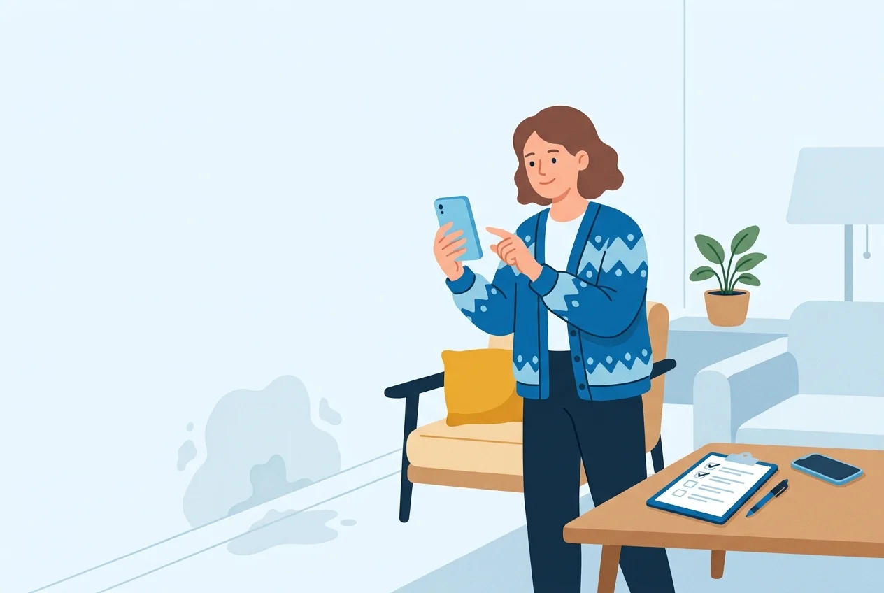 Person dokumentiert einen Wasserschaden im Wohnzimmer mit dem Smartphone