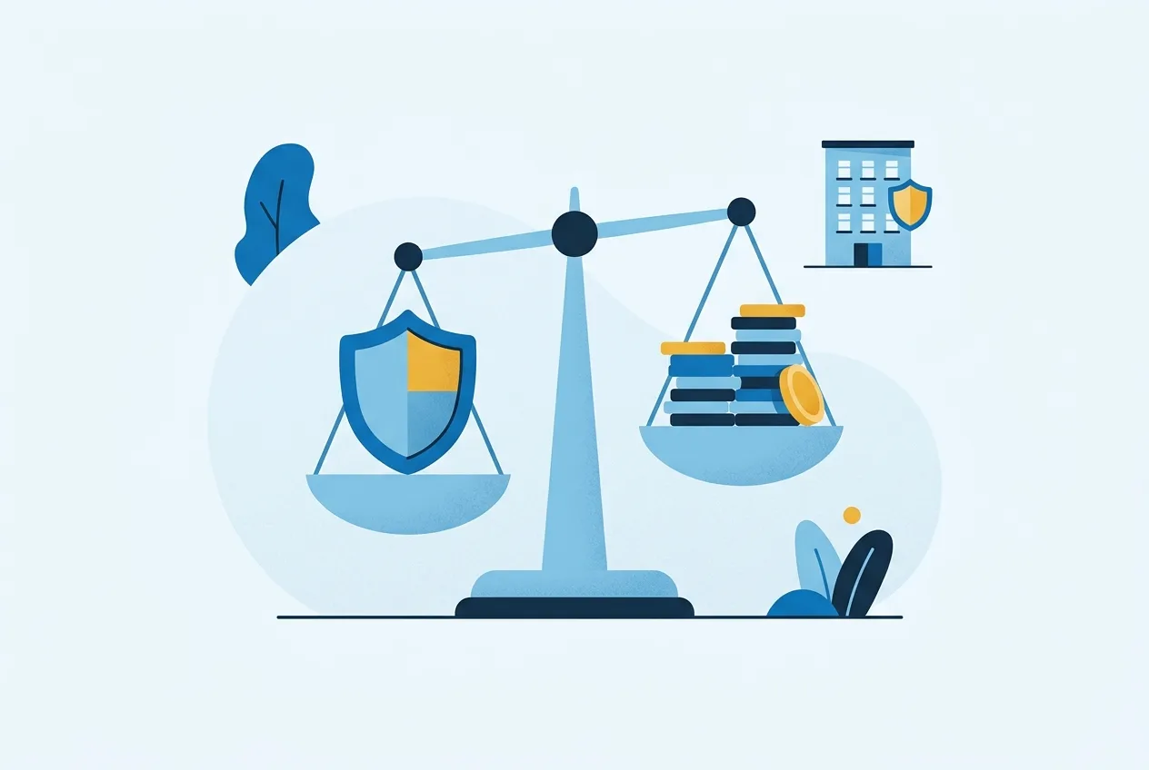Illustration: Waage mit Schutzschild und Münzen als Symbol für das Verhältnis von Leistung und Beitrag