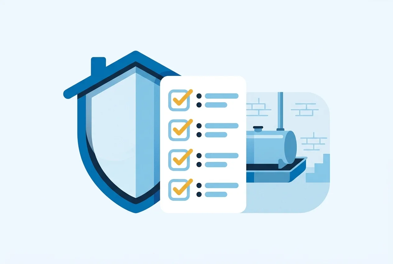Illustration: Schutzschild mit Checkliste als Symbol für den Leistungsumfang