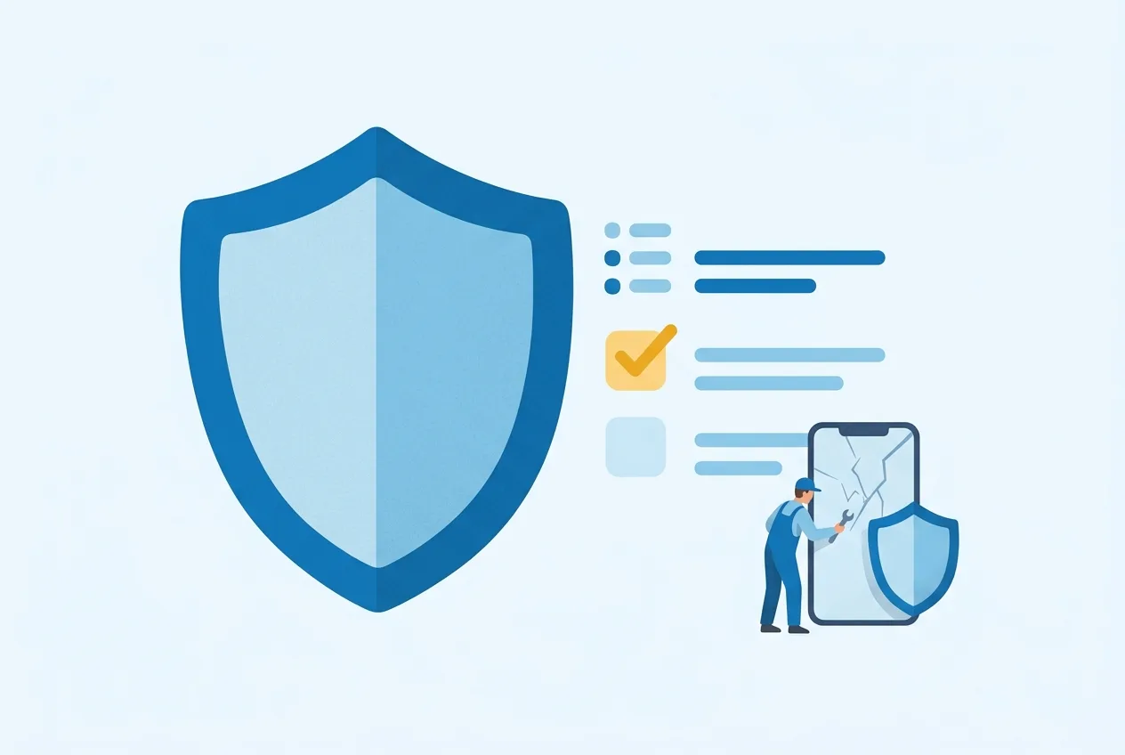 Illustration: Schutzschild mit Checkliste als Symbol für den Leistungsumfang
