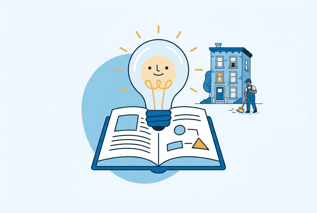 Illustration: Glühbirne über einem aufgeschlagenen Buch als Symbol für verständlich erklärtes Wissen