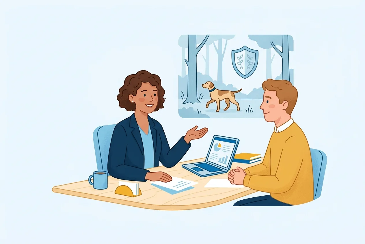Illustration: Beratungsgespräch zwischen Kundin und Versicherungsberater