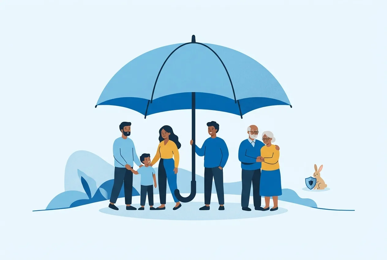 Illustration: Verschiedene Menschen unter einem gemeinsamen Schirm