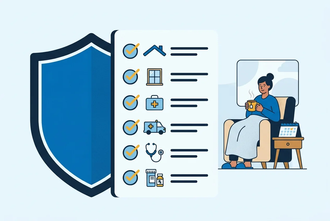 Illustration: Schutzschild mit Checkliste als Symbol für den Leistungsumfang