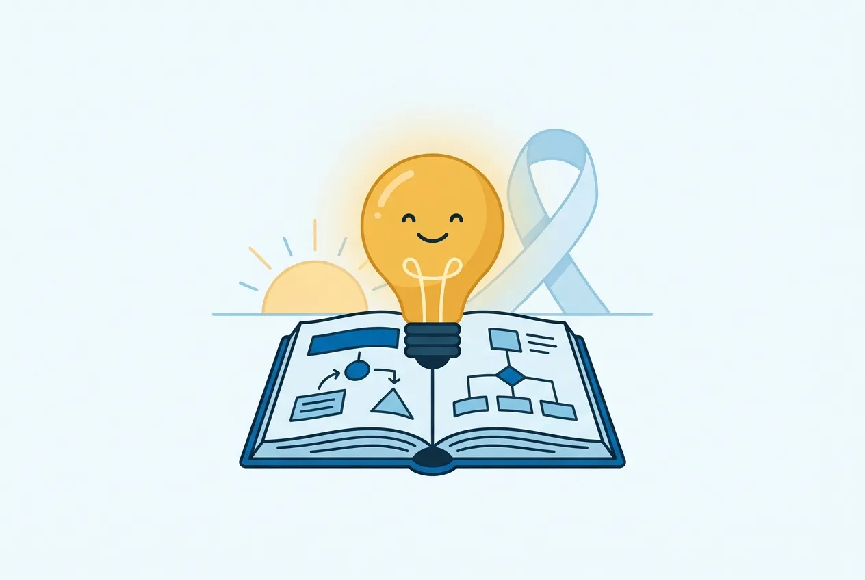 Illustration: Glühbirne über einem aufgeschlagenen Buch als Symbol für verständlich erklärtes Wissen