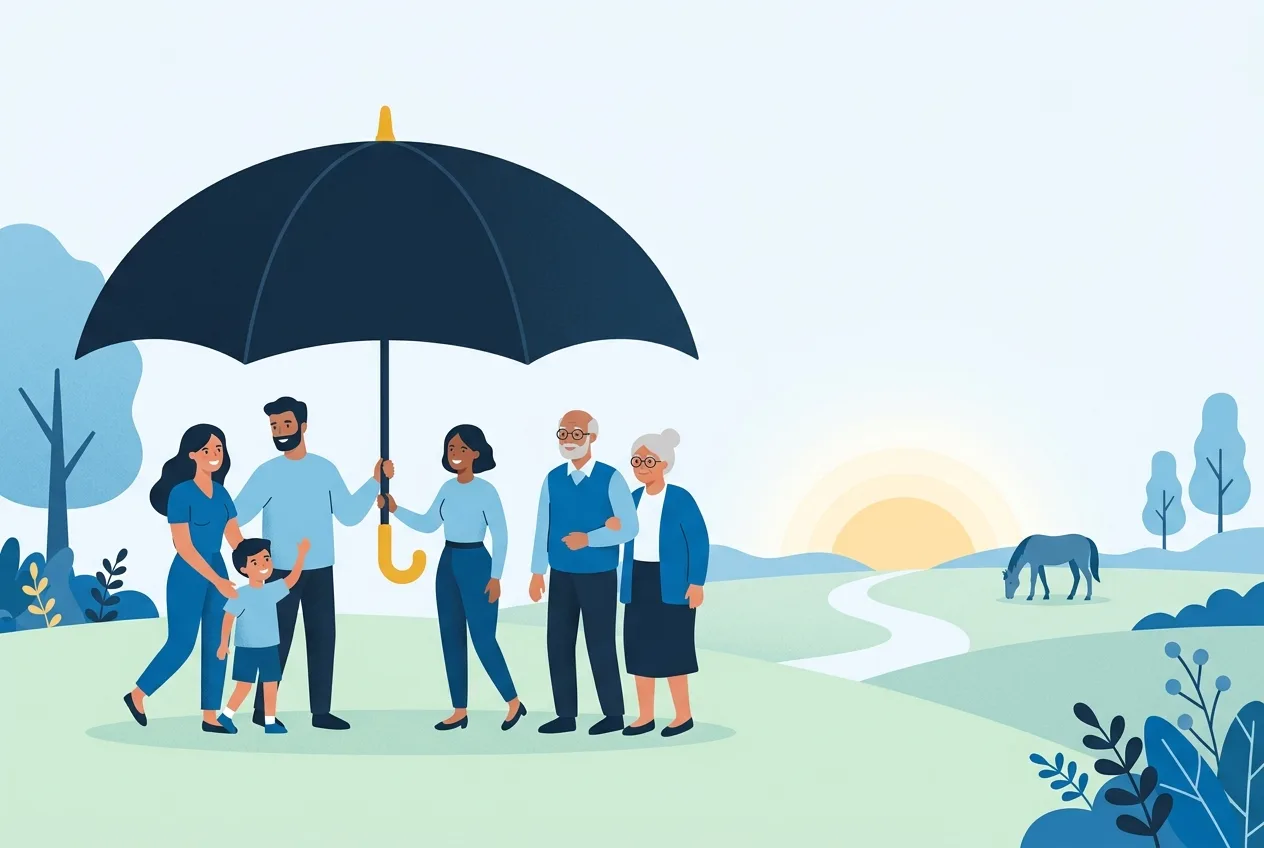 Illustration: Verschiedene Menschen unter einem gemeinsamen Schirm
