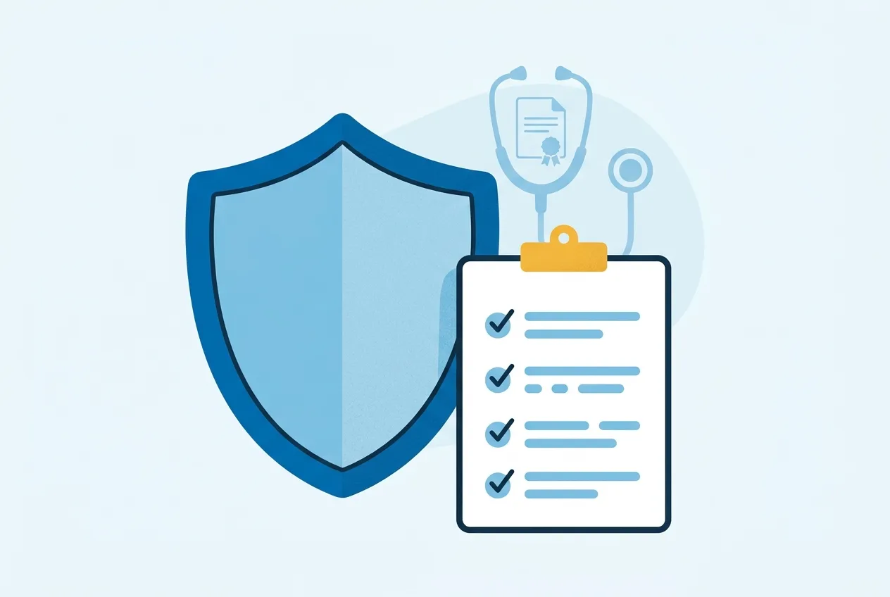 Illustration: Schutzschild mit Checkliste als Symbol für den Leistungsumfang