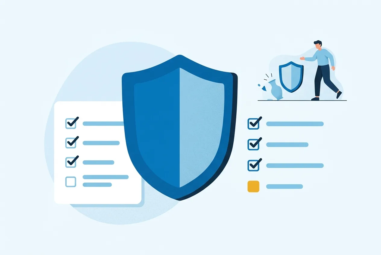 Illustration: Schutzschild mit Checkliste als Symbol für den Leistungsumfang