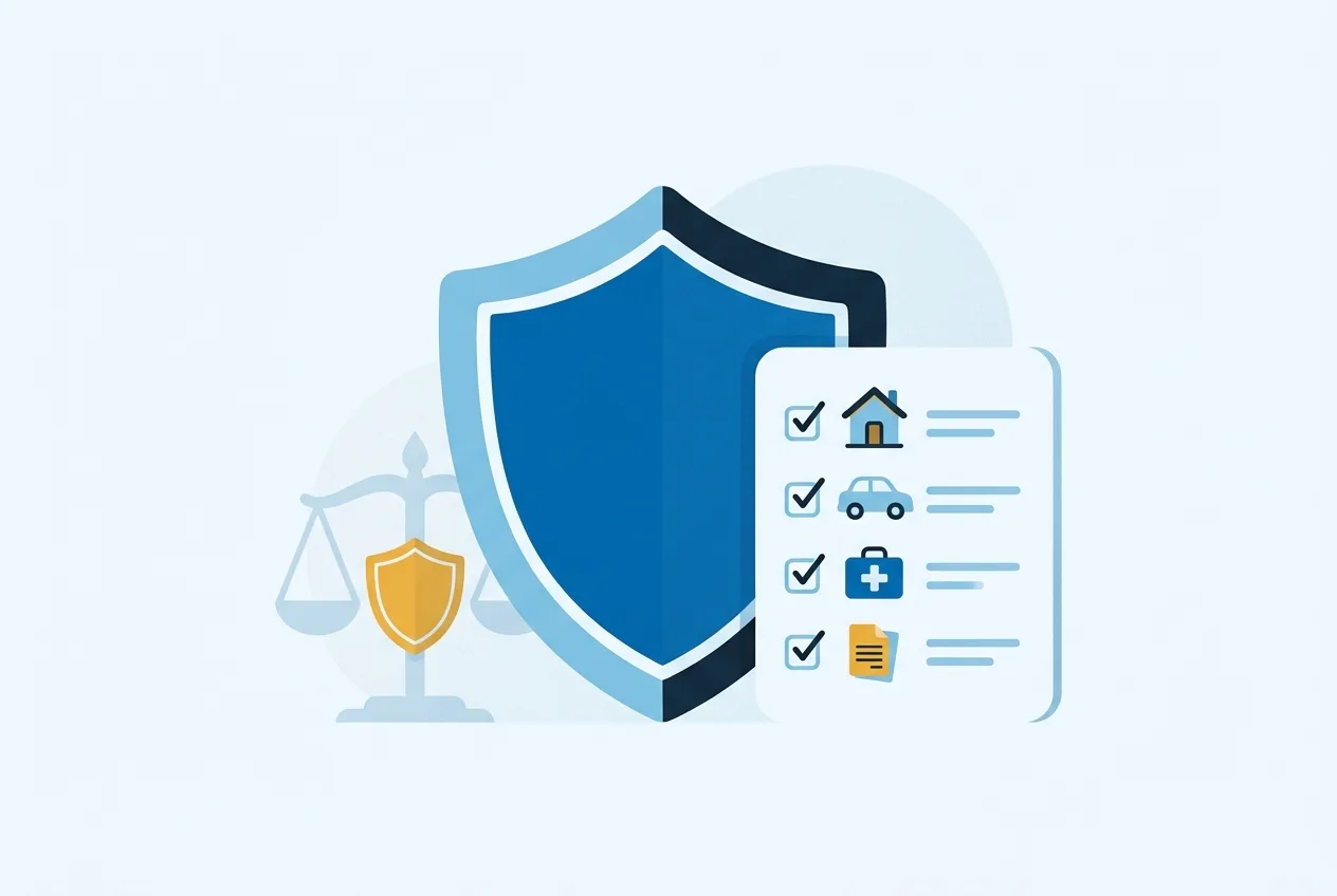 Illustration: Schutzschild mit Checkliste als Symbol für den Leistungsumfang