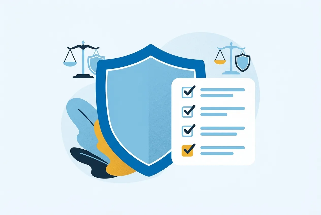 Illustration: Schutzschild mit Checkliste als Symbol für den Leistungsumfang