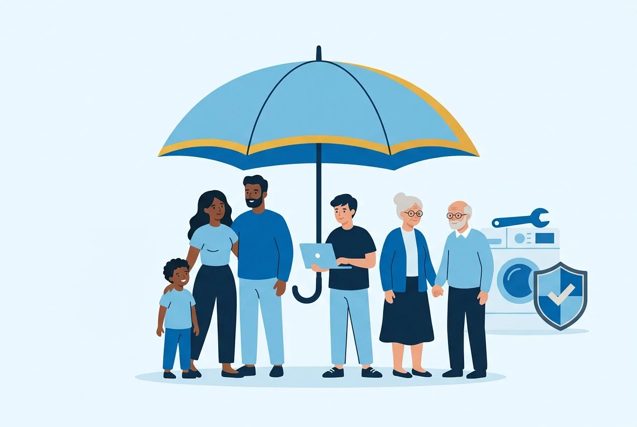 Illustration: Verschiedene Menschen unter einem gemeinsamen Schirm