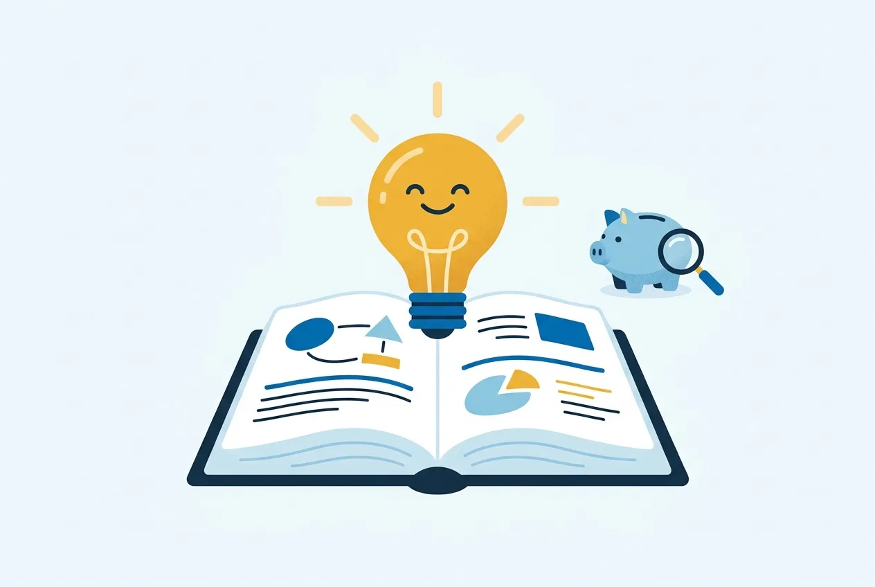 Illustration: Glühbirne über einem aufgeschlagenen Buch als Symbol für verständlich erklärtes Wissen