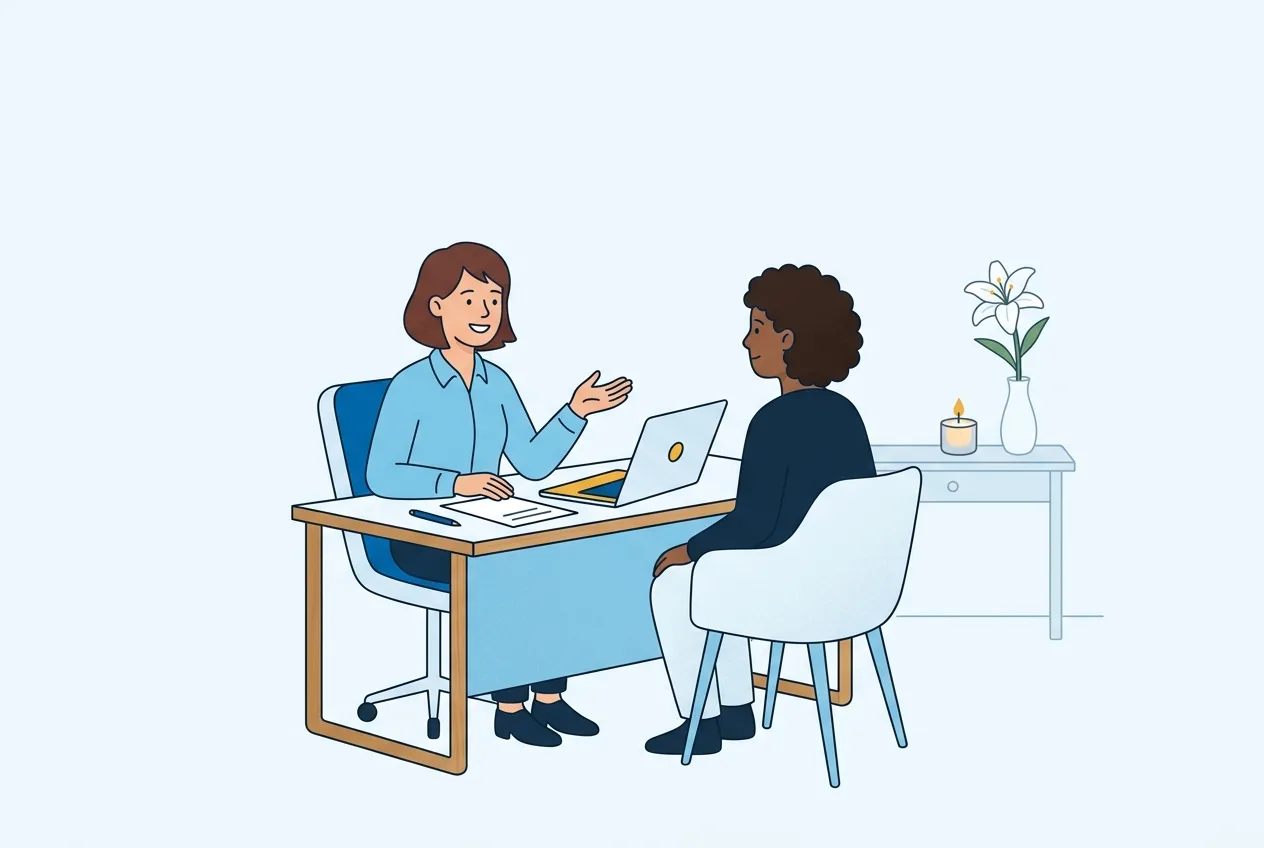 Illustration: Beratungsgespräch zwischen Kundin und Versicherungsberater