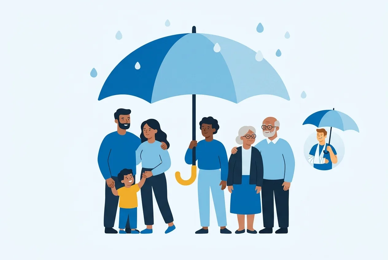 Illustration: Verschiedene Menschen unter einem gemeinsamen Schirm
