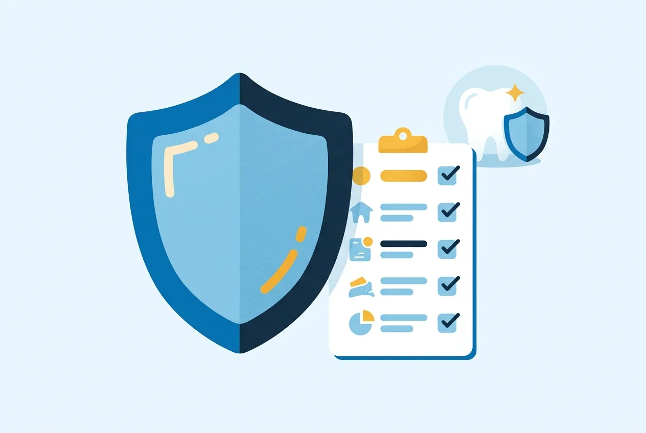 Illustration: Schutzschild mit Checkliste als Symbol für den Leistungsumfang
