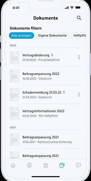 simplr-App: Dokumentenarchiv mit Filter und Einträgen von Vertragsänderung bis Beitragsanpassung, nach Jahren sortiert