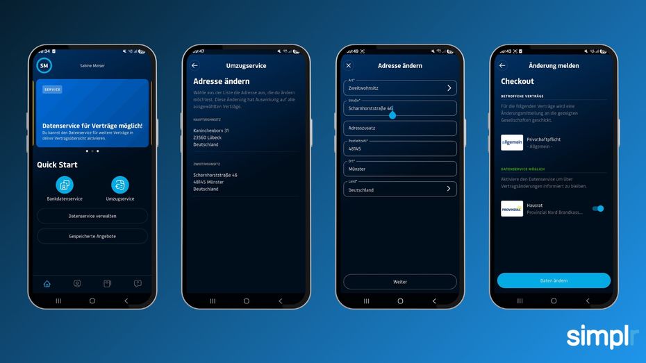 simplr-App: Umzugsservice in vier Schritten — Quick Start, Adresse ändern, Eingabemaske und Checkout mit den betroffenen Verträgen