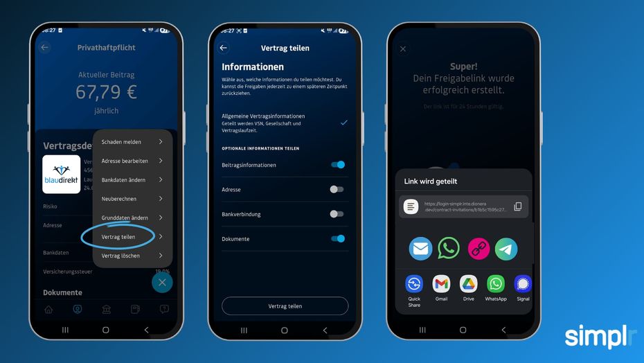simplr-App: Vertrag teilen — Menü im Vertragsdetail, Auswahl der freigegebenen Informationen und fertig erstellter Freigabelink