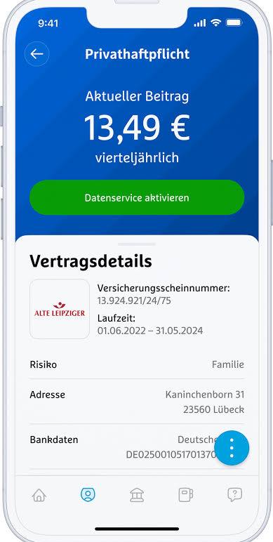 simplr-App: Vertragsdetail einer Privathaftpflicht mit Beitrag, Versicherungsscheinnummer, Laufzeit, Adresse und Bankdaten
