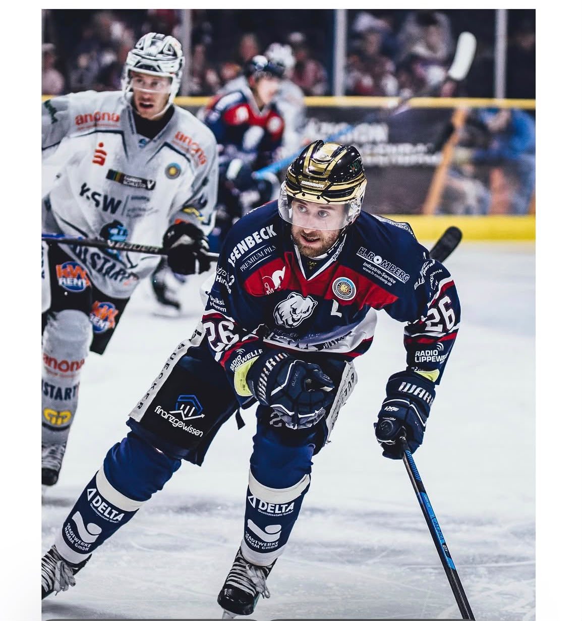 Eisbären Hamm Eishockeyspieler Nummer 8 in Aktion: Sponsoring durch Finanzgewissen